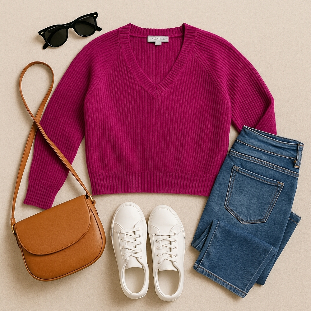 Design History Pure Cashmere Ribbed V-Neck Sweater Cyclamen Magenta Size L